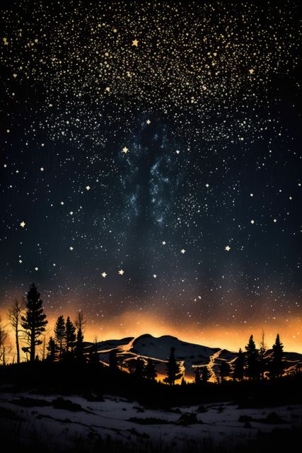 Ideal for use in nature-inspired wall art, astronomy blogs, or winter-themed backgrounds. Highlights the beauty of the natural world and the mesmerizing starry sky over a snowy landscape. Perfect for promoting winter tourism or educational materials about constellations and night skies.