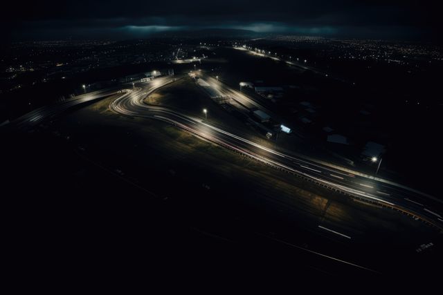 This image captures an aerial view of a racetrack at night with city lights in the background. Long exposure photography creates light trails, emphasizing the speed and motion of racing cars. Useful for themes of motorsport, speed, urban night scenes, and light trail effects.