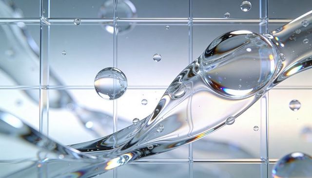 Crystal clear liquid stream flowing across glass tile grid with floating bubbles