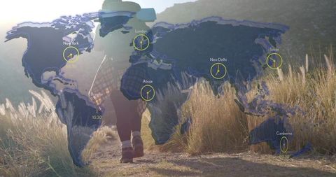 Map overlay with global clocks on scenic trekking trail