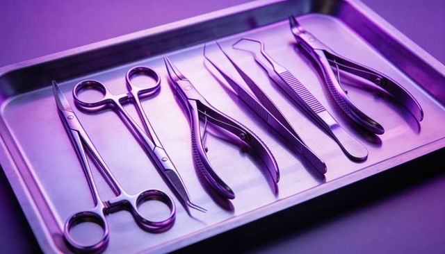 Magenta-lit stainless steel manicure tools on tray showing precision and mirror-like shine