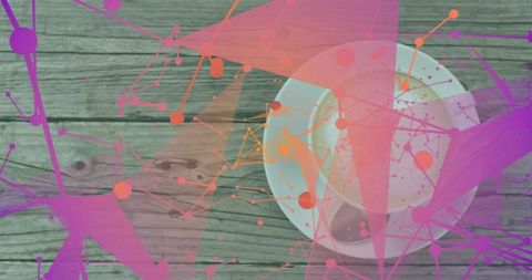 Overhead latte on weathered wood with pink-purple network overlay for modern branding