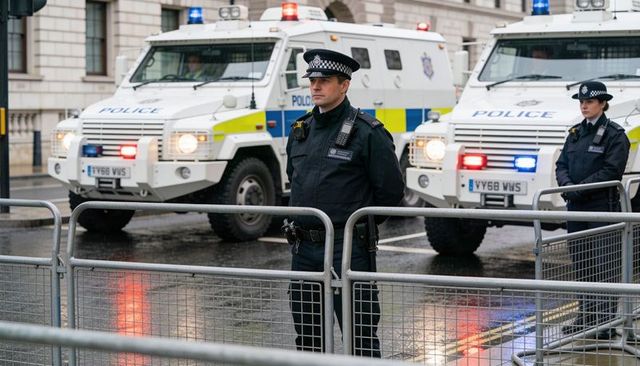 Police officers guarding wet city street behind barriers, armored vans flashing lights
