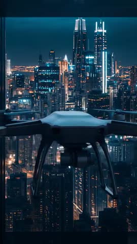 Gliding drone launching from highrise window, sliding gimbal capturing neon skyline vertical video