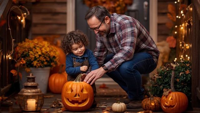 Father and Daughter Consulting Over Carved Pumpkin for Fall Festivities