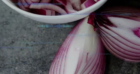 Slices and Halved Red Onion with Digital Layer on Stone Surface