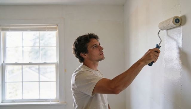Young man painting interior wall with roller beside sunlit window during DIY renovation