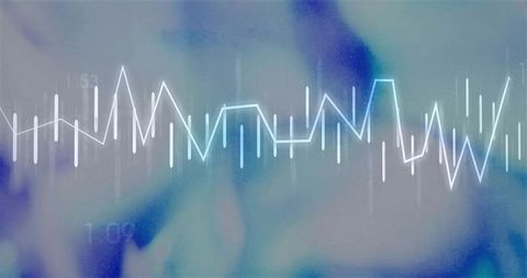 Displaying waveform line on digital dashboard with glowing bars, numeric tags, blue gradient