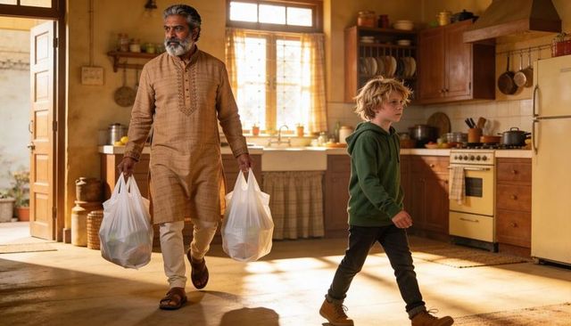 Carrying groceries through warm family kitchen, senior man wearing kurta walking with boy
