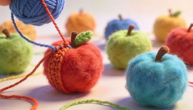 Wrapping needle-felted wool apples with crocheted band and yarn ball