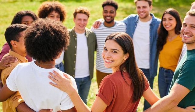 Young multicultural friends standing in circle smiling together in sunny park outdoors