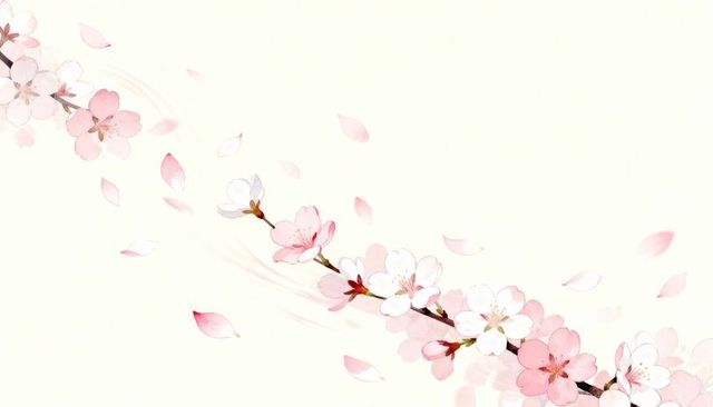 Diagonal cherry blossom branch blooming with falling petals watercolor pastel background
