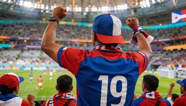 Passionate soccer fan wearing number 19 jersey raising fists in stadium crowd