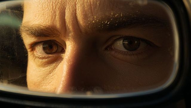 Intense male gaze in car side mirror closeup sunlit brown eyes and facial reflection study
