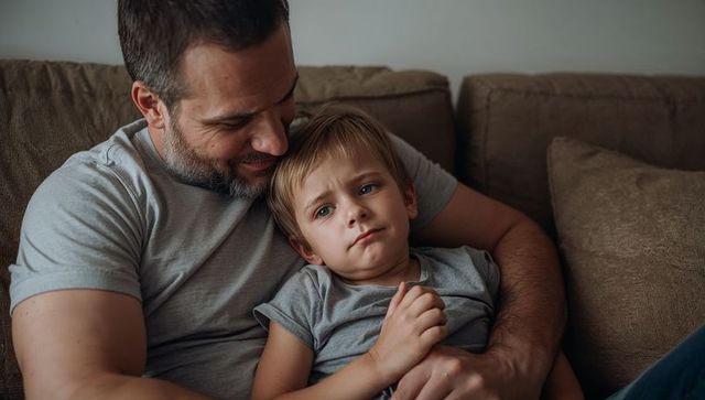 Father cradling worried young son on couch conveying comfort and quiet family bond and warmth