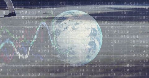 Earth surrounded by binary code and financial data visualization