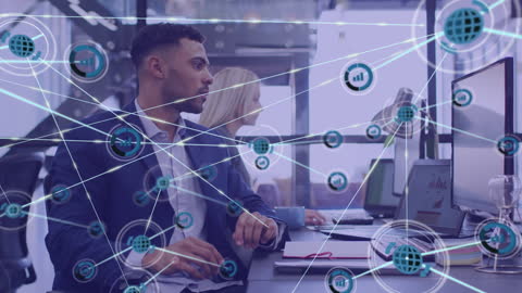 Diverse Business Team in Modern Office with Network Connections Overlay