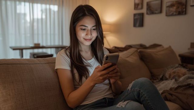 Young Woman Comfortable with Smartphone in Modern Minimalist Living Room