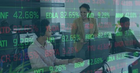 Business Team Discussing Stock Trades with Digital Insights Display