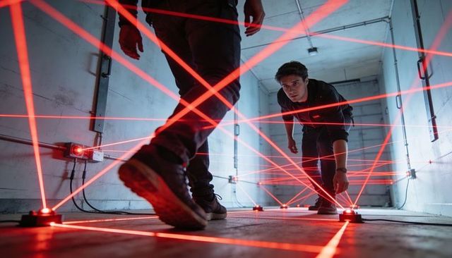 Two men navigating red laser grid inside industrial container chamber stealth drill team