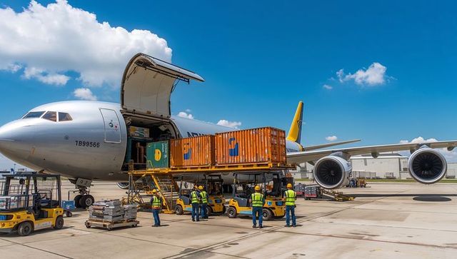 Ground crew loading freight containers into widebody cargo jet on sunny airport ramp
