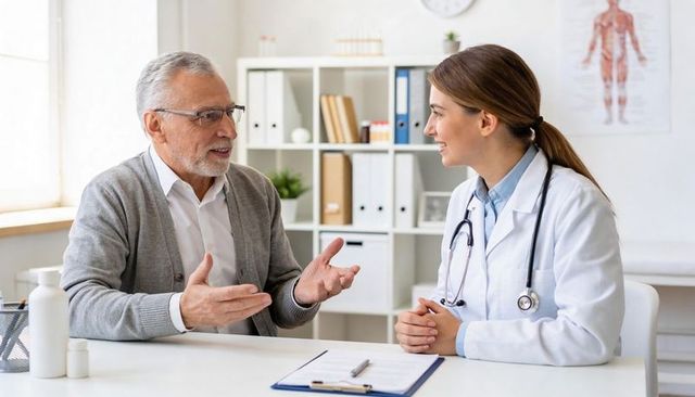 Senior man discussing health with female doctor during friendly clinic consultation