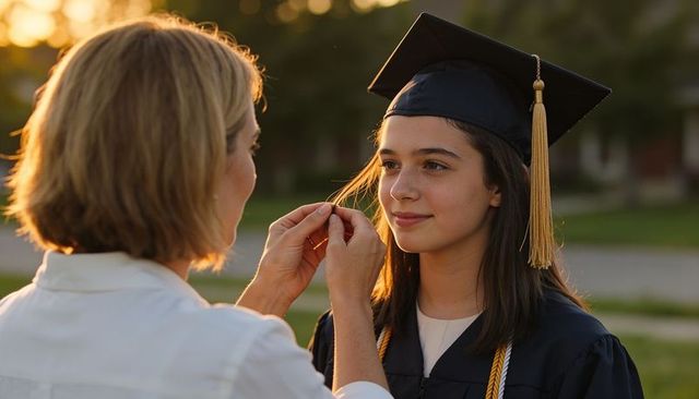 Parent adjusting tassel on graduate mortarboard at golden hour commencement