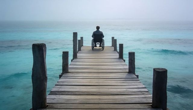 Man sitting in wheelchair on weathered pier facing turquoise ocean horizon