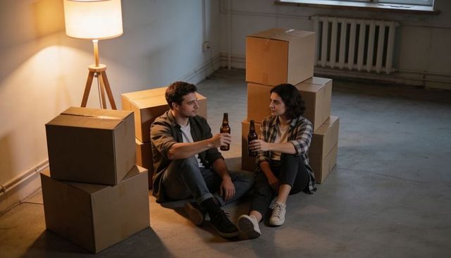 Young couple toasting beer while unpacking boxes in new apartment with warm lamp light