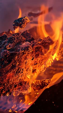 Glowing charcoal igniting flames on grill, sending sparks and embers in vertical video