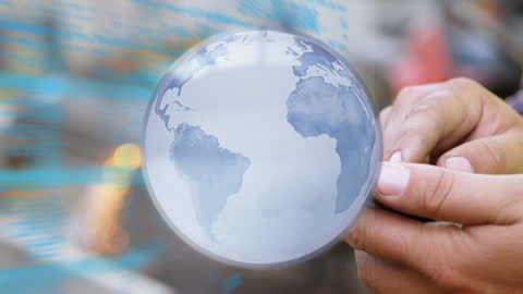 Hands Holding Invisible Globe Through Smartphone in Futuristic Interface