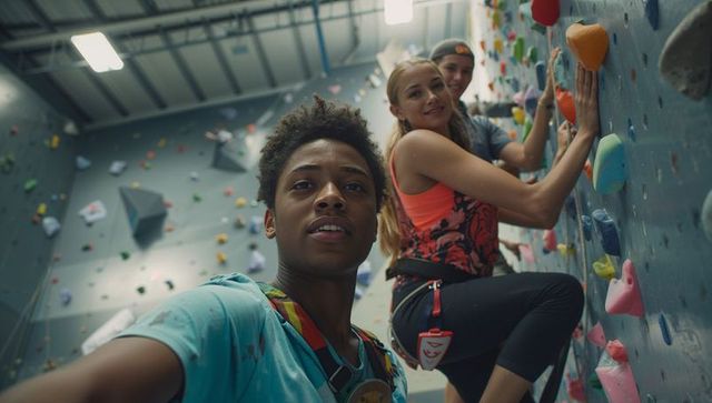 Friends enjoy climbing adventure in indoor gym