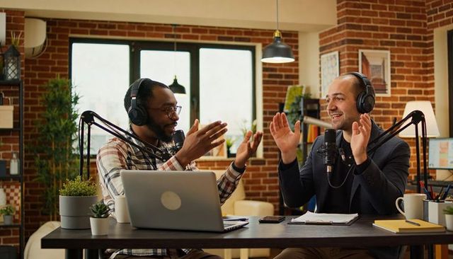 Two Hosts Recording Podcast in Brick Loft Studio Using Headphones, Microphones, Laptop