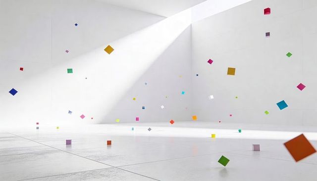 Minimal white gallery showing floating colorful cubes under dramatic skylight beam