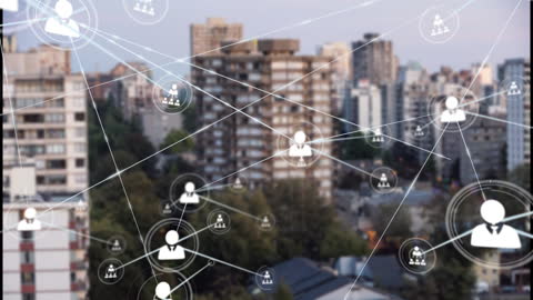 Digital Network Overlays Blurred Urban Cityscape