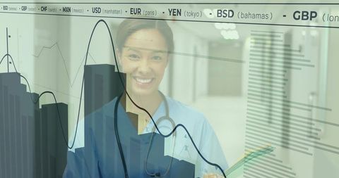 Nurse in blue scrubs smiling in hospital corridor with healthcare data and finance overlay