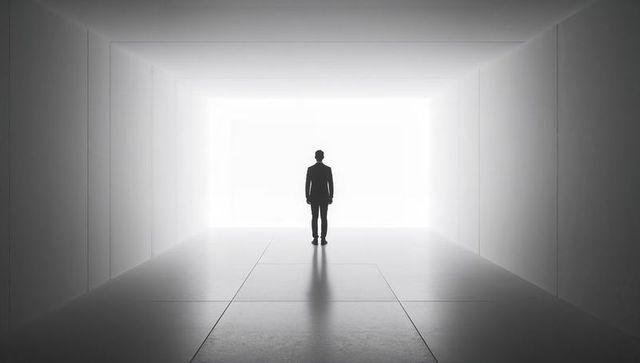 Standing businessman facing bright exit in minimalist corridor silhouette and symmetry