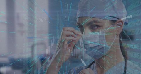 Female Doctor Wearing Mask with Digital Data Overlay