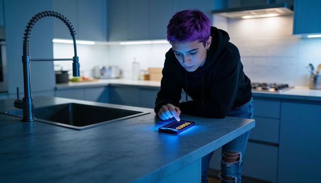 Teen with purple hair leaning on kitchen island using smartphone at night with blue glow