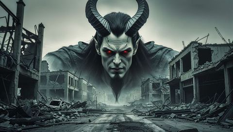 Satan entity above post-apocalyptic ruins with threatening presence