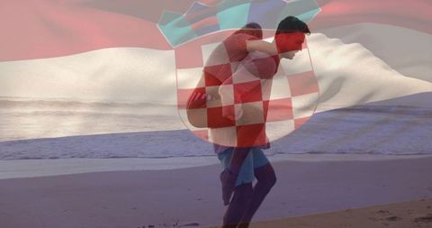 Couple sharing piggyback on beach at dusk with flag crest double exposure romantic travel