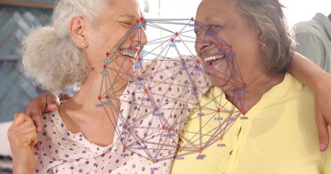 Senior women laughing and hugging with facial overlay network, companionship and care