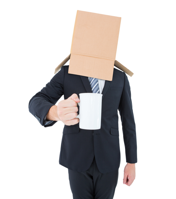 Businessman in Suit with Box on Head Holding Cup Transparent Background - Download Free Stock Videos Pikwizard.com