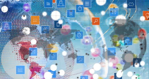 Digital Globe with Technology Icons on World Map Background