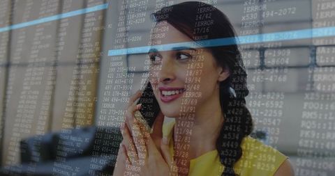 Businesswoman Using Smartphone in Modern Office with Code Overlay