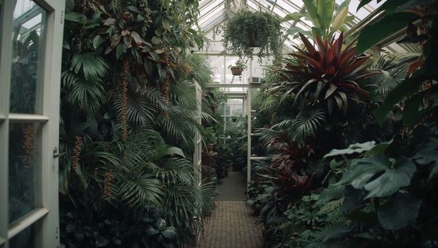Lush tropical conservatory walkway with brick path, white framed doors, dense green foliage