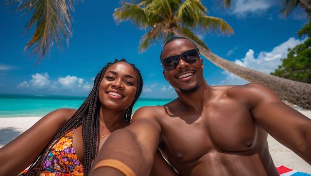 Couple taking sunny selfie on tropical beach vacation