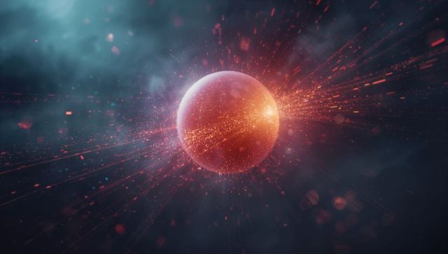 Glowing Red-Orange Sphere With Radiating Particles in Cosmic Space