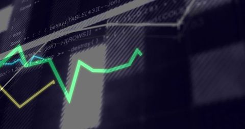 Neon line graph tracing on futuristic holographic dashboard with code overlay for analytics