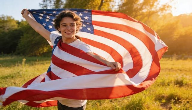 Teen waving and spinning american flag in sunlit meadow at golden hour